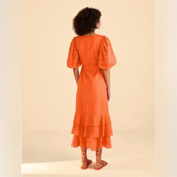 Farm Rio • Orange Ruffles Wrap Midi Dress - Picture 5 of 10